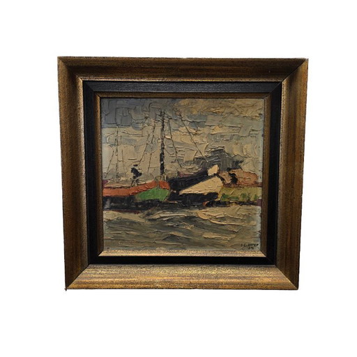 Oil painting with a barge signed J.G. Otter 1934
