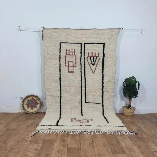 Beni Ouarain Art Face Rug Minimalist – Natuurlijke wol Amazigh Symbolisch (250 × 150 cm)