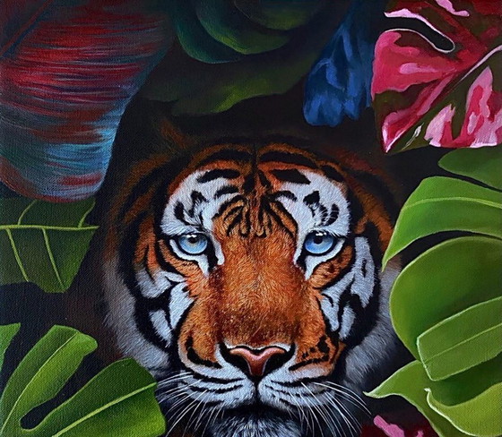 Original Oil Painting Portrait Animal Tiger in the Bushes – Paintings & Drawings, Canvas (photo 8 of 8)