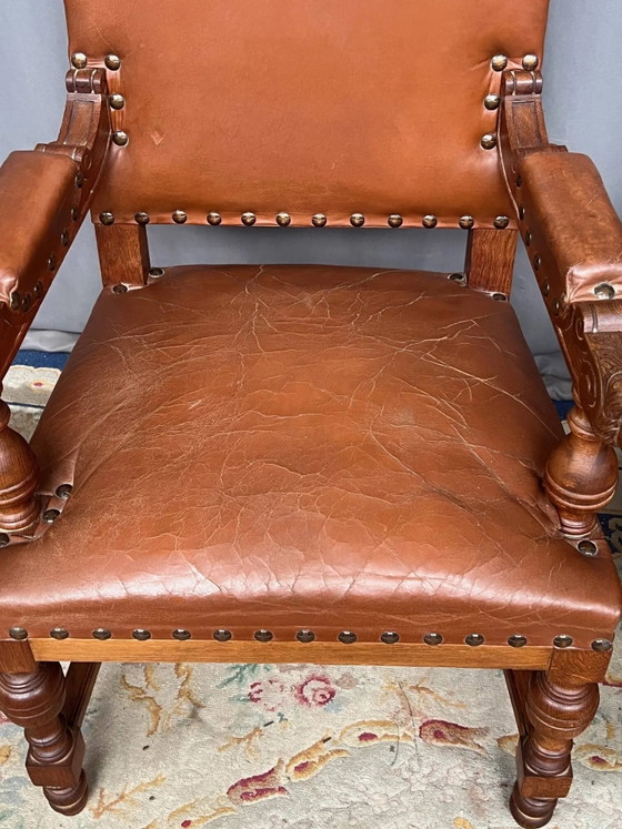 Pair of Renaissance armchairs. Carved solid oak. Holland. Late 19th century., Wood, Brown (photo 4 of 9)