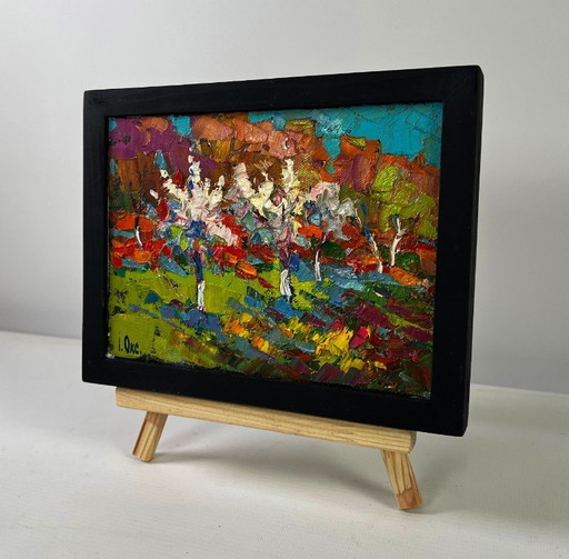 Original Oil Painting Colorful Forest Landscape Flowering trees in the garden