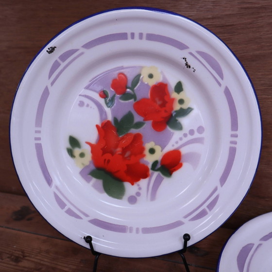 7 bedruckte florale Emaille-Teller "bon voyage" Made in China – Geschirr, Vintage (photo 2 of 12)