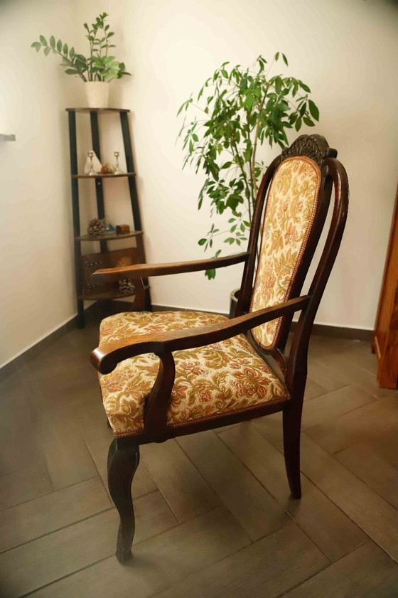 Image 1 of Antique Queen Anne Revival Carver Armchair with Floral Tapestry Upholstery 