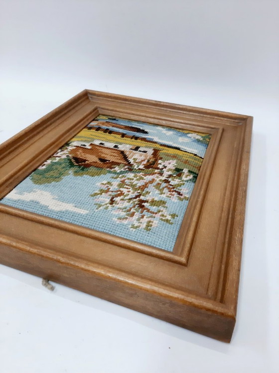 Image 1 of Vintage German Hand Needle point, Gobelin, spring landscape, framed