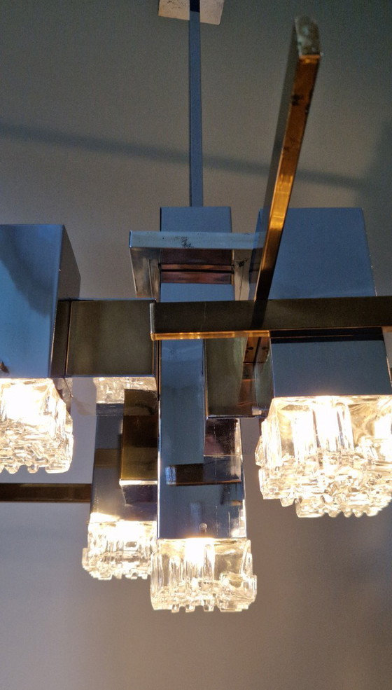 Image 1 of Vintage Italian design chandelier, Cubic, Gaetano Sciolari, chrome, brass, glass, 1970s
