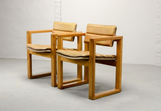 Image 1 of Mid-Century Pair of Dutch Design Camel Leather Cubic Pinewood Side Chairs by Ate van Apeldoorn for Houtwerk Hattem. 1960s.