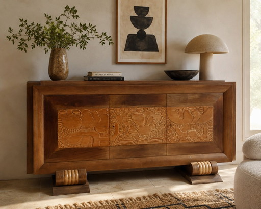 Exceptional French Brutalist Solid Wood Sideboard with Sculpted Doors, 1950s