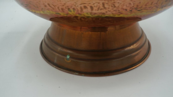 Image 1 of COPPER DUTCH HELMET COAL ASH SCUTLLE BUCKET DELFT BLUE HANDLE BRASS LION HEAD