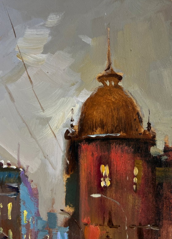 Image 1 of Original Oil Painting Gloomy City Landscape Dynamics of urban life