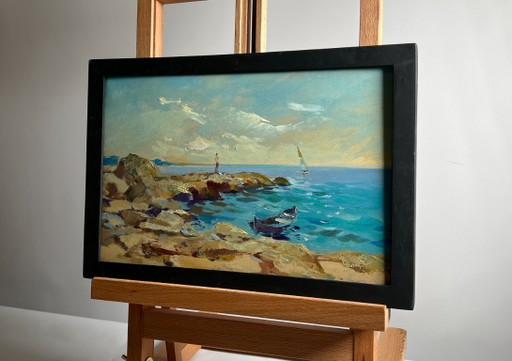Original Oil Painting Coastal Landscape Admire the sunset at sea