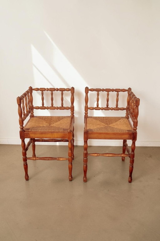 Antike französische Eckstühle mit gedrechselter Federung, 2er-Set – stoelen fauteuils, Rattan, Wood