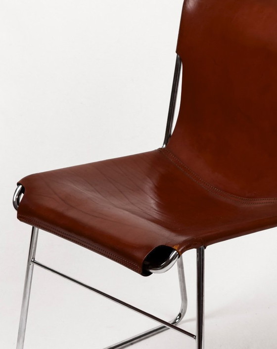 Image 1 of 4x vintage modernistische Italiaanse buisvormige chromen en leren stoelen, jaren 70