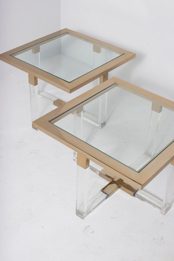 Architecturale set van 2 vintage lucite, messing & glas bijzettafels, jaren '70 (photo 4 of 9)