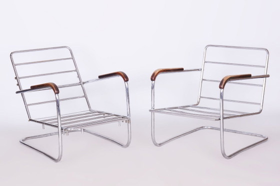 Origineel Bauhaus-paar fauteuils, verchroomd staal, Zwitserland, jaren 1930 – SAB Prague, Metal, Textile (photo 15 of 18)
