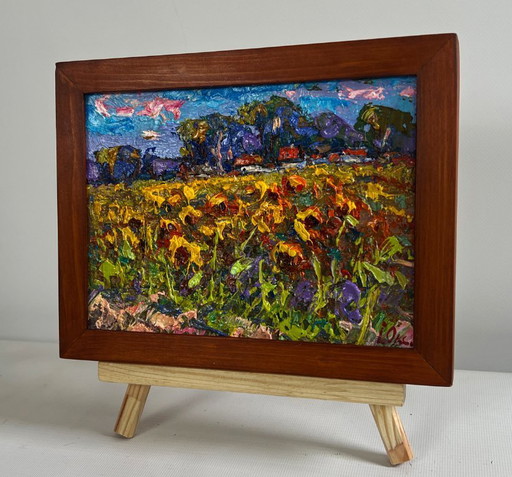 Original Oil Painting Day Flowers Landscape Sunflower field in the village