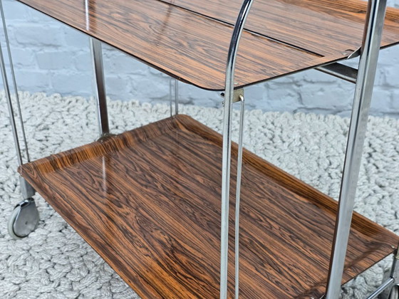 Image 1 of Vintage Design Foldable and Mobile Chrome Steel 2 Faux Wood Layers ‘Dinett’ Serving Trolley by Gerlinol, Germany, 1970s. 