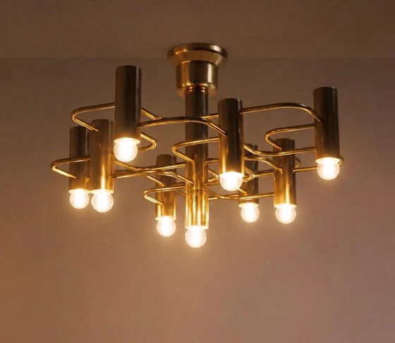 Gaetano Sciolari 9-Light Brass Chandelier, Geometric Mid-Century Semi-Flush Ceiling Light, c. 1970 – Space Age (photo 2 of 4)