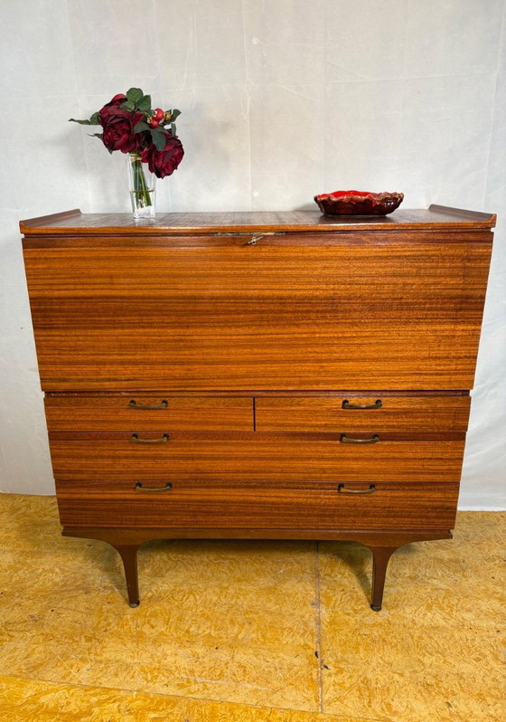 Image 1 of Mid-Century Retro Vintage Teak Bureau / Desk by Meredew 1960  Large Writing Surface • Danish Design Influence • Elegant Storage 