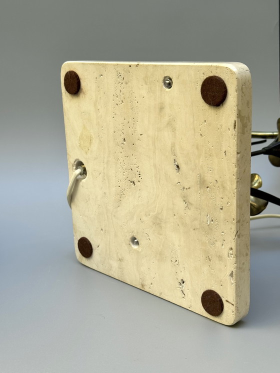 Image 1 of Lámpara de nenúfar de bronce de los años 70 sobre base de travertino - Inspirada en el Art Nouveau