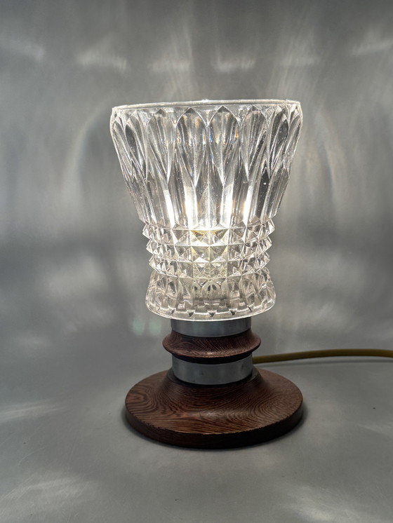 Image 1 of Mid-Century Table Lamp with Cut Glass Shade and Wooden Base – Vintage Design Lighting