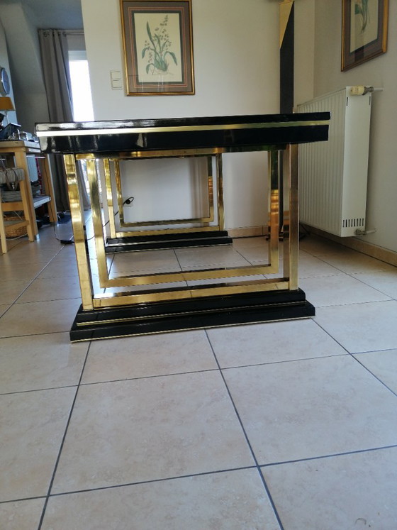 Image 1 of black lacquer dining table with brass inlays Hollywood Regency