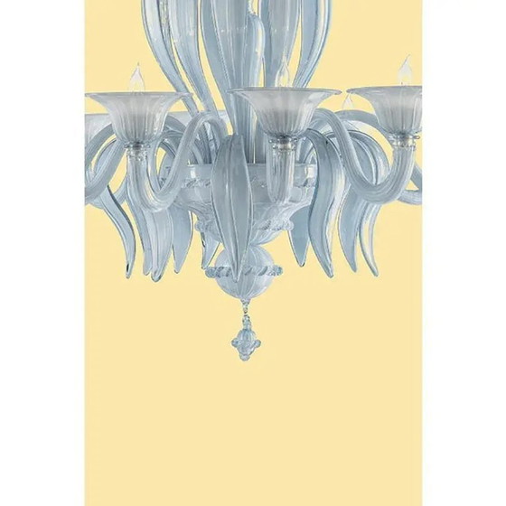 Image 1 of Lampadario in vetro di Murano color azzurro veneziano, stile Mid-Century Modern, con foglie, di Simoeng.