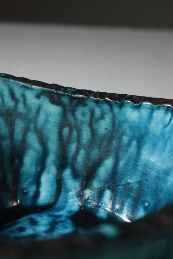 Image 1 of Accolay - Turquoise & black glazed ceramic fruit bowl, France, 1950s