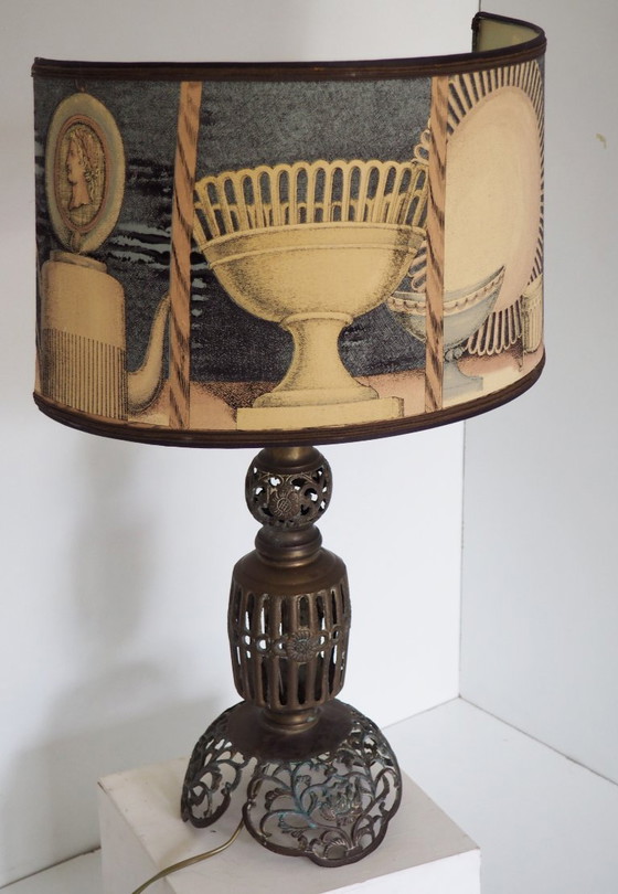 Image 1 of Large Filagree bronze table lamp/shadow Fornasetti fabric