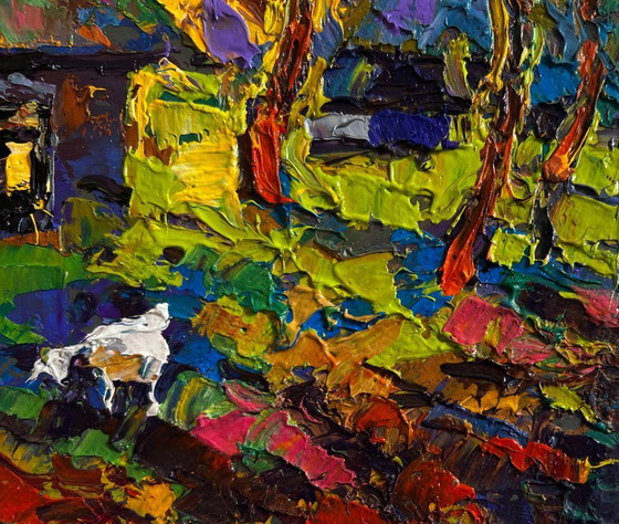 Image 1 of Original Oil Painting Summer House Landscape Warm evening in the village