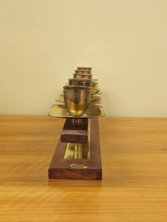 Image 1 of Vintage Teakhouten Kandelaar Kaarsenhouder Messing 