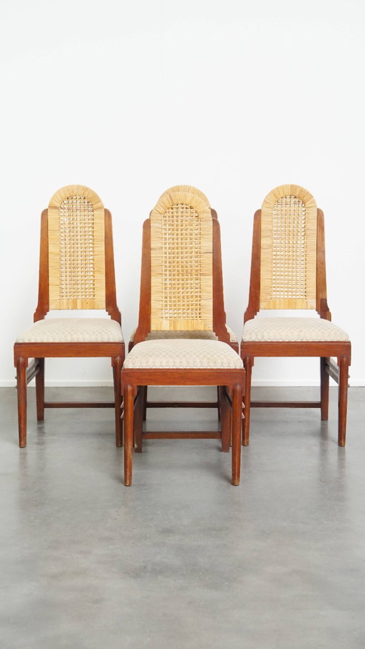 4x Unieke rieten Art Deco design eetkamerstoel met een hoge rug en afneembare stoffen zitting (photo 2 of 17)