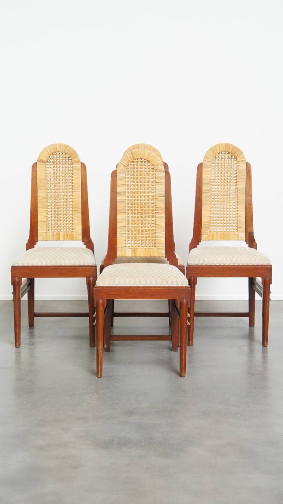 4x Unieke rieten Art Deco design eetkamerstoel met een hoge rug en afneembare stoffen zitting (photo 2 of 17)