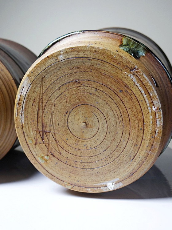 Image 1 of Pair of vintage 80s-90s Japanese-style stoneware pots from Studio Poterie, handcrafted and signed
