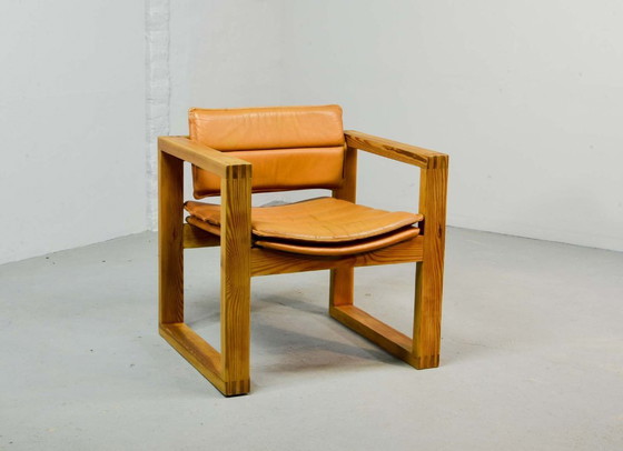 Image 1 of Brutalist Ate van Apeldoorn Dutch Design Cognac Leather Cubic Pinewood Side Chair for Houtwerk Hattem. The Netherlands, 1970s.