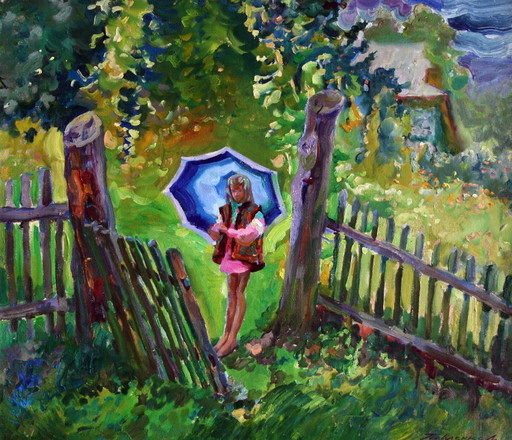 Original Oil Painting Rural Landscape Girl Summer Rain