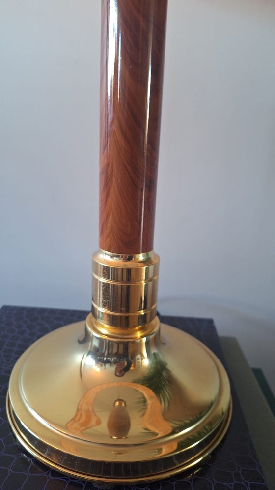 Beautiful Vintage Mid-Century Table Lamp – Brass & Burl Wood Look (Temde Style) – Metal (photo 3 of 10)