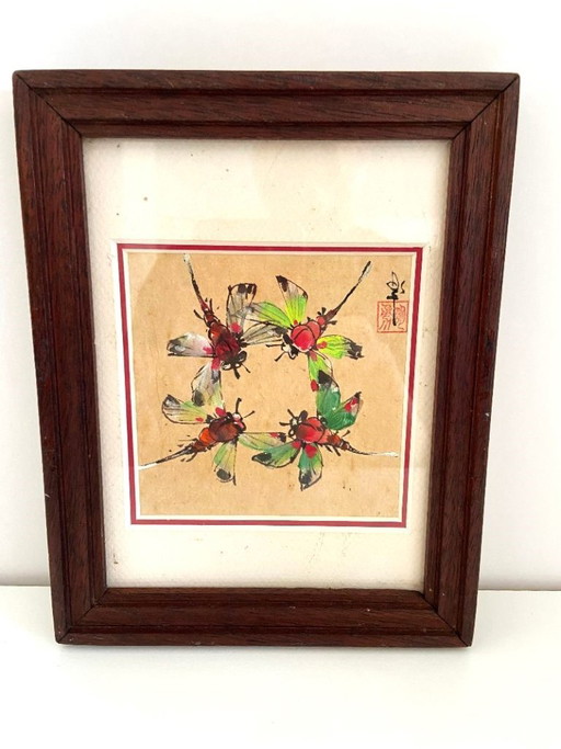 Dessin Aquarelle Polychrome Libellules Akitsu Dragonfly Japon 1950 Art Encadré