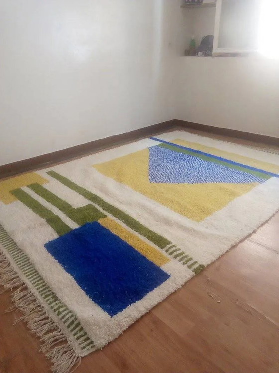 Tappeto berbero tessuto - motivo blu e giallo - tappeto marocchino fatto a mano - 300x210 cm – Tappeti, Wool (photo 2 of 8)