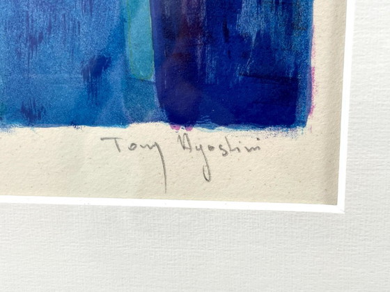 Image 1 of Lithographie limitée signée au crayon de Tony Agostini, Bouquet Au Vase Bleu, cadre personnalisé