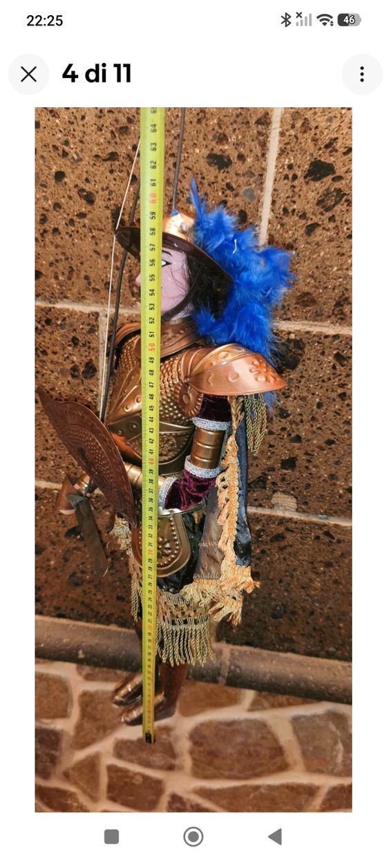 Vintage Puppet Puppet, 60cm, Brass Armor and Clothes – Decorative Objects, Textile, Wood (photo 4 of 11)