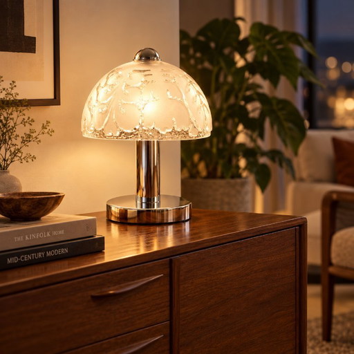 Peill & Putzler Lampe Mushroom, Allemagne années 70 – Verre en Relief et Chrome