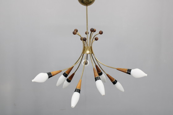 Image 1 of Lustre en laiton et teck en verre opalin Rupert Nikoll, Autriche, années 1960