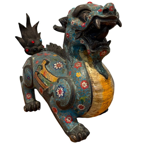 Coppia Monumentale di Pixiu Cinesi Antichi – Bronzo & Cloisonné – Tardo Qing – Sculture, Bronze (photo 7 of 10)