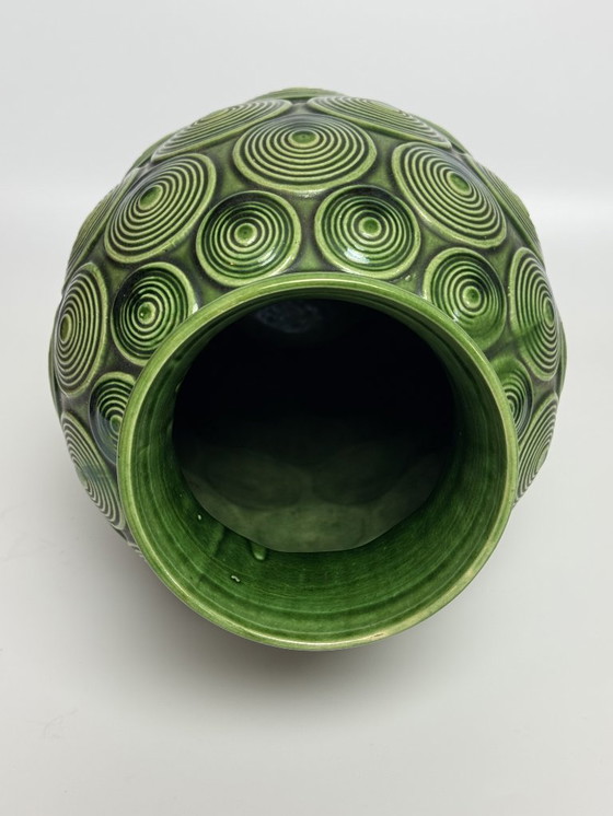 Image 1 of Large Mid-Century Ceramic Green Spiral Pattern Vase by Bay Keramik. West Germany, 1960s.