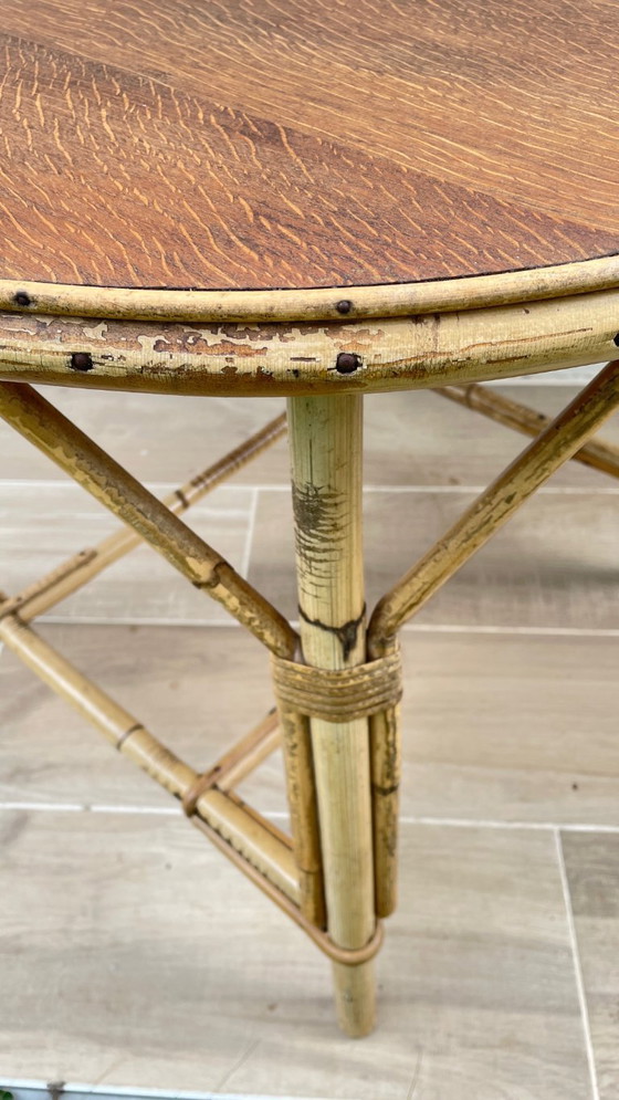 Image 1 of TABLE Basse RONDE Rotin et Chêne VINTAGE