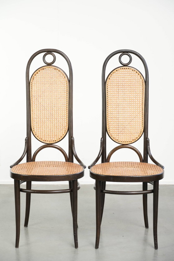 Image 1 of 6x Original vintage Thonet Long John chair with a high back, webbing seat and backrest, and gracefully curved wood