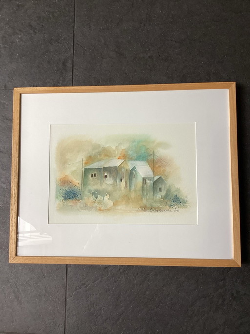 Acuarela Original “Vista del Pueblo” (2005) Fr. De la Croix. Incluye marco de madera y paspartú (53x42)