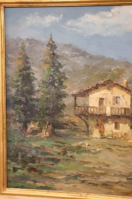 Image 1 of Italiaans bergdallandschap, gesigneerd olieverfschilderij, 20e eeuw