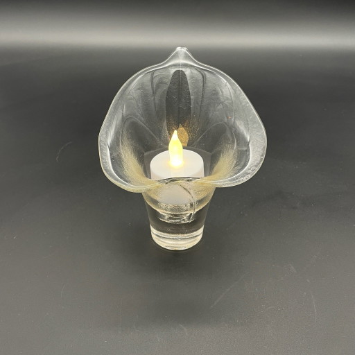 Portavelas de cristal vintage en forma de flor – Lirio Cala, cristal transparente, años 60/70