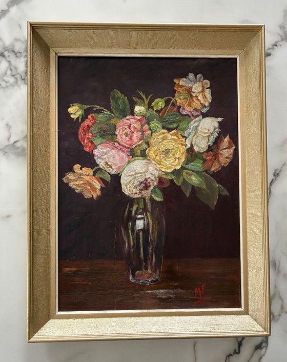 Antiek stilleven boeket rozen – Schilderijen & Tekeningen, Hout (photo 2 of 9)